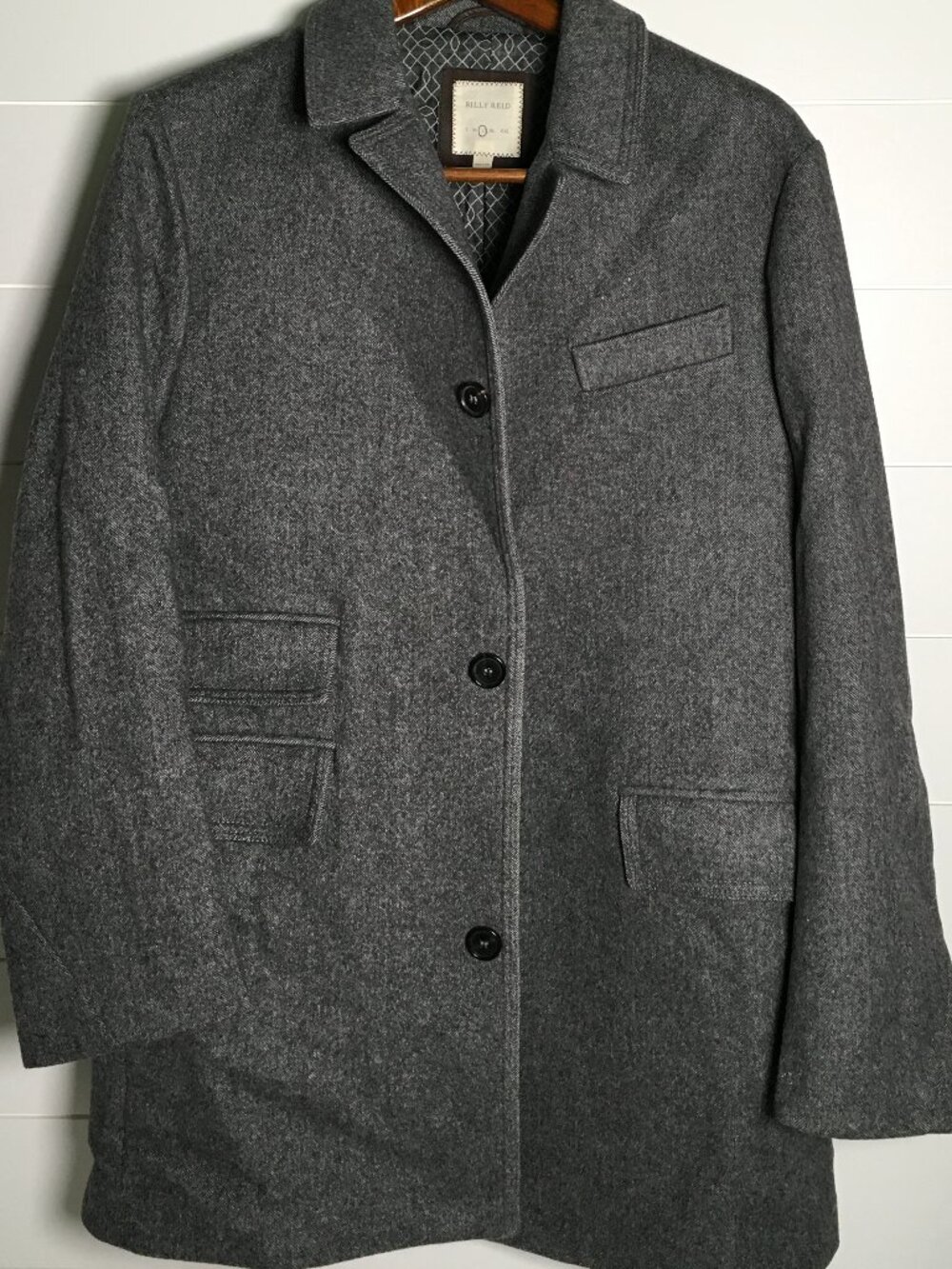 Billy Reid Astor Herringbone Overcoat 100% Virgin Wool Gray/Black Size Large